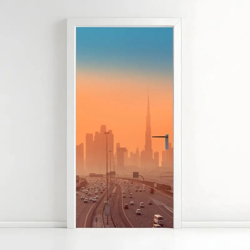 Türaufkleber Dubai skyline bei sonnenaufgang