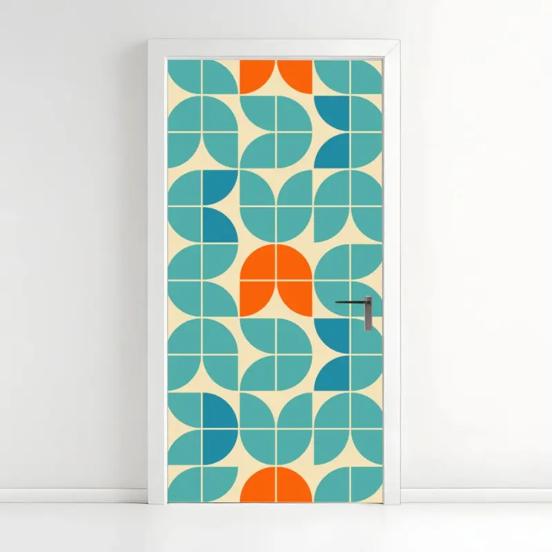 Türaufkleber retro geometrisches fliesenmuster in türkis und orange