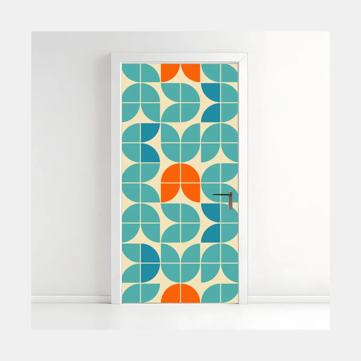 Türaufkleber retro geometrisches fliesenmuster in türkis und orange – Pixers®