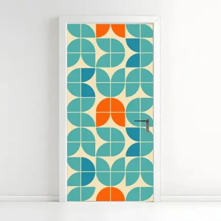 Türaufkleber retro geometrisches fliesenmuster in türkis und orange – Pixers®