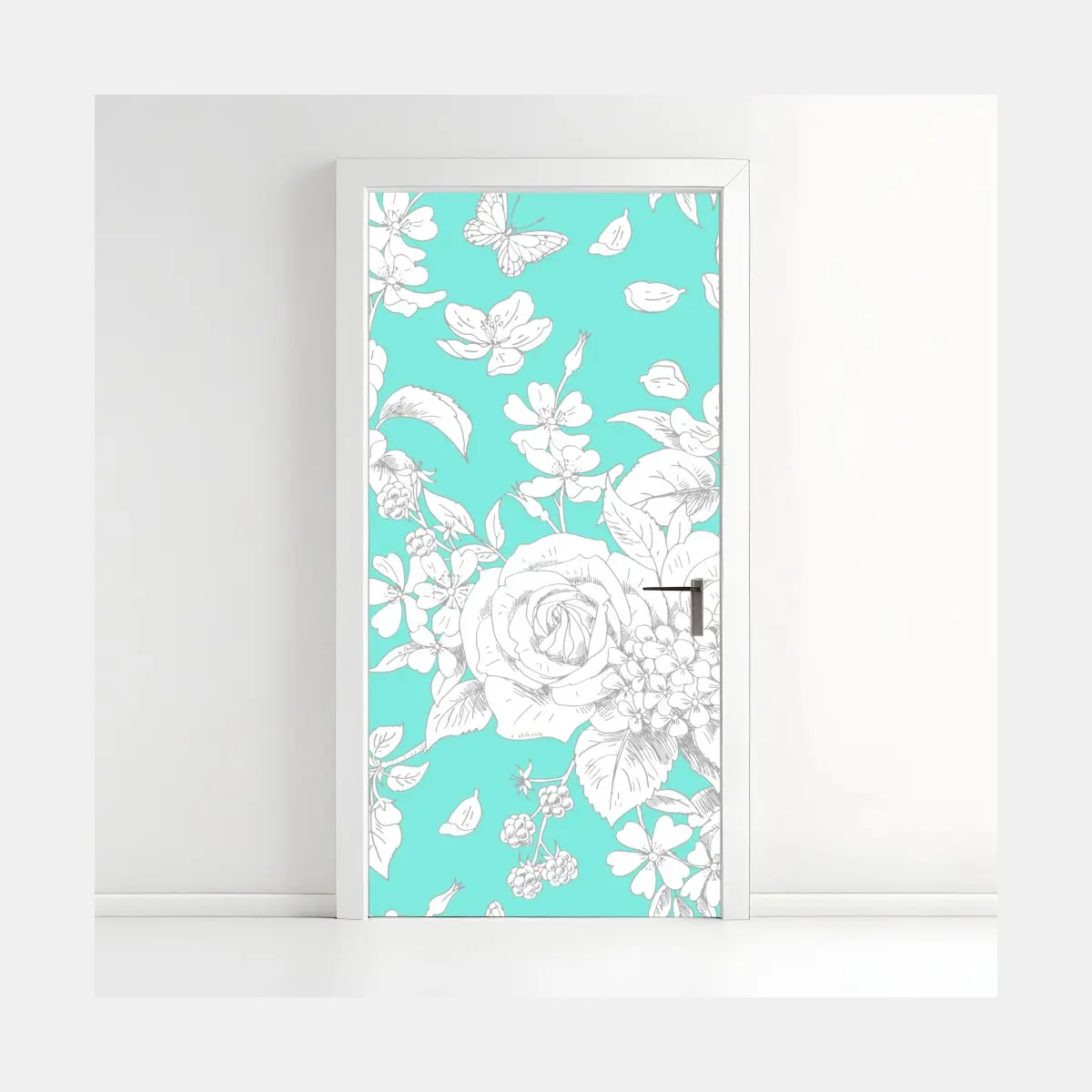 Türaufkleber türkis floral muster mit blumen – Pixers®