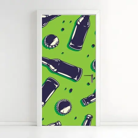 Türaufkleber grünes pop-art-muster mit bierflaschen und kronkorken – Pixers®