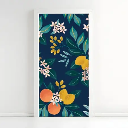 Türaufkleber botanisches zitronen- und orangenmuster auf marineblauem hintergrund – Pixers®
