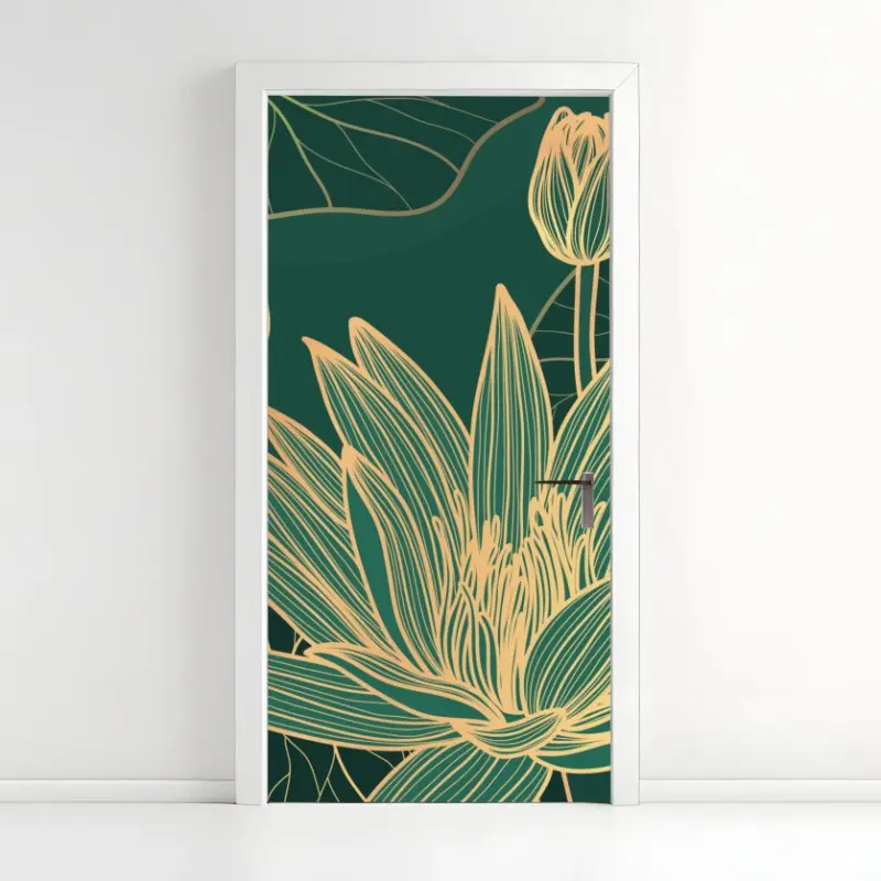 Türaufkleber goldene lotosblüten auf grünem hintergrund