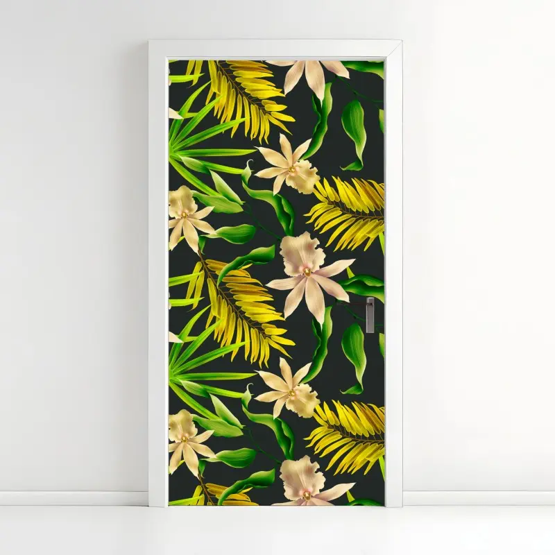 Türaufkleber tropisches orchideenmuster auf dunklem hintergrund
