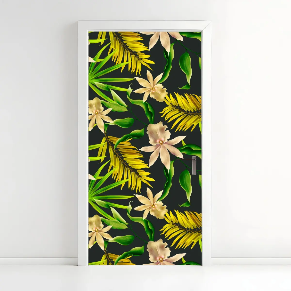 Türaufkleber tropisches orchideenmuster auf dunklem hintergrund – Pixers®