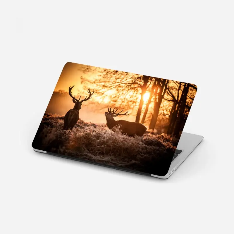 Laptop-Aufkleber goldener sonnenaufgang mit hirschen auf frostiger wiese