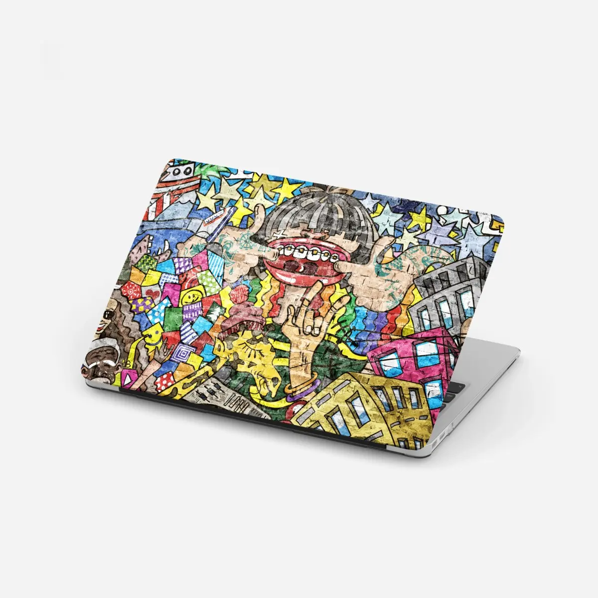 Laptop-Aufkleber buntes graffiti-mural mit verspielter figur – Pixers®