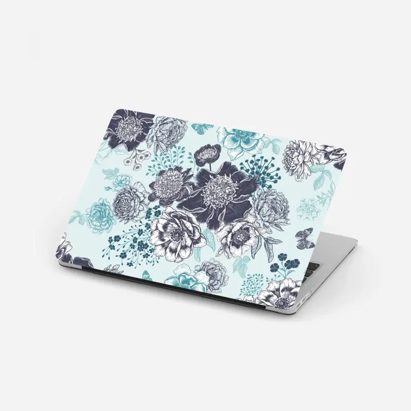 Laptop-Aufkleber blumiges peonienmuster in türkis und marineblau