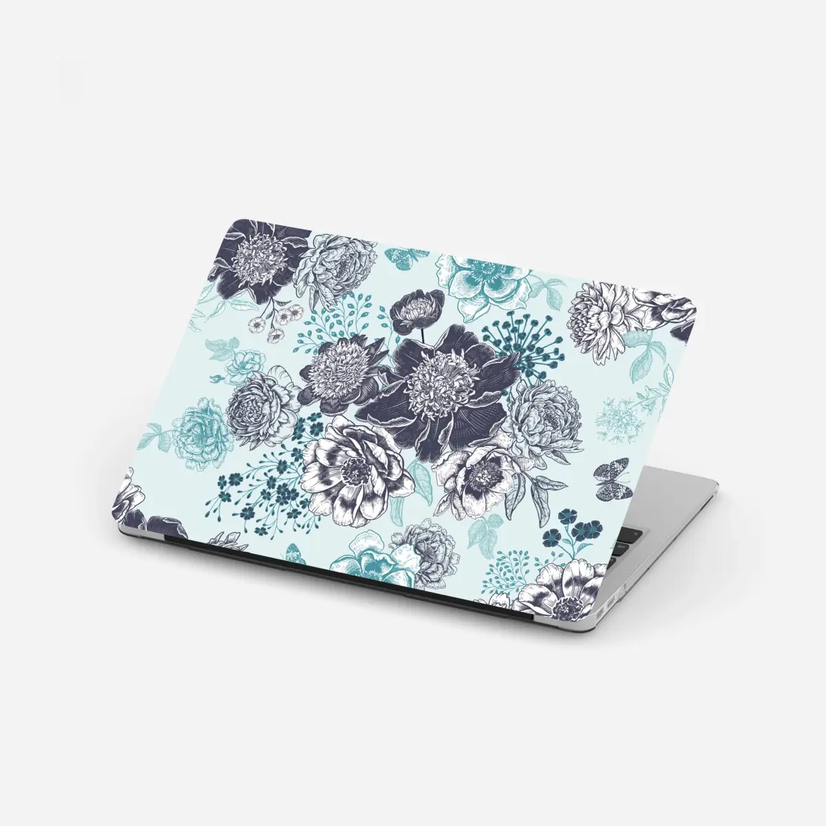 Laptop-Aufkleber blumiges peonienmuster in türkis und marineblau – Pixers®