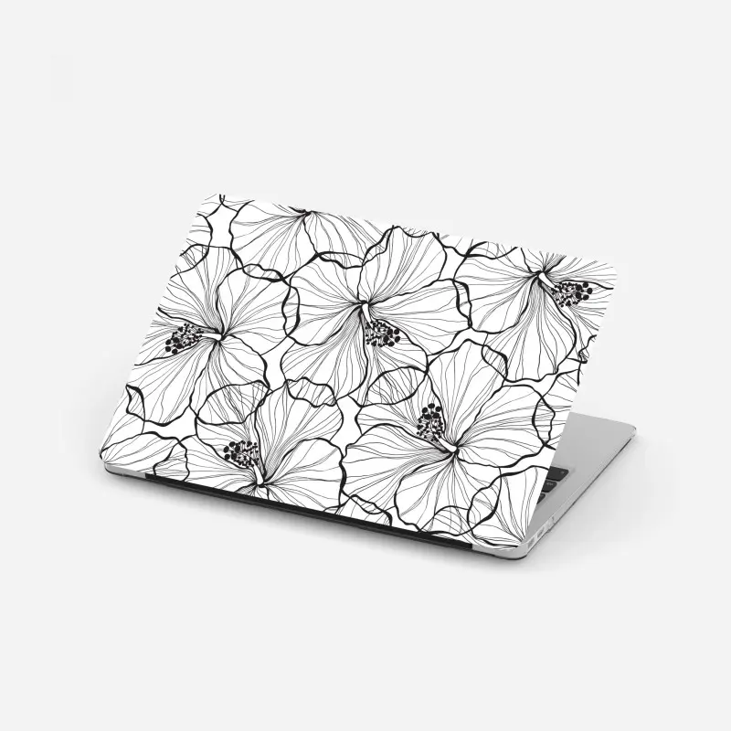 Laptop-Aufkleber schwarzweißes hibiskus line art muster