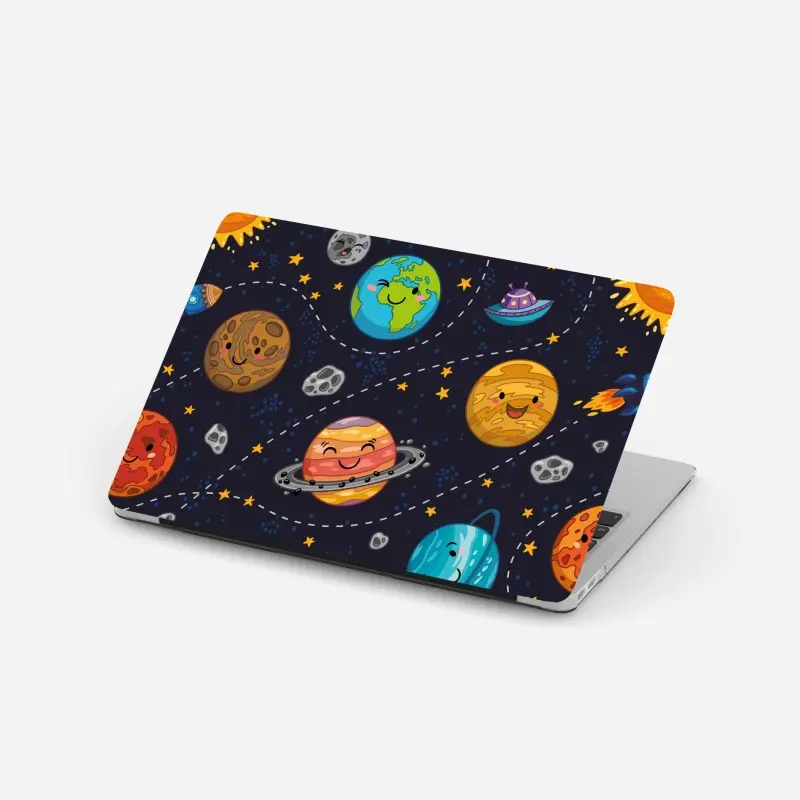 Laptop-Aufkleber lächelnde planeten im verspielten weltraummuster