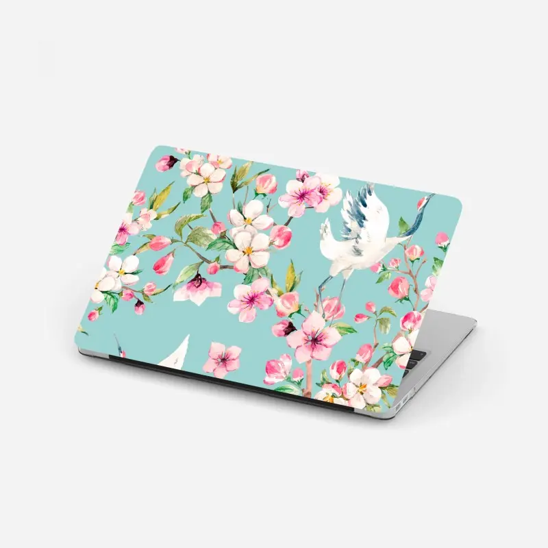 Laptop-Aufkleber türkises kirschblüten- und kranichmuster