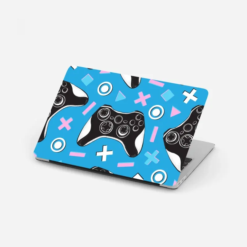 Laptop-Aufkleber muster mit gamecontrollern auf blauem hintergrund