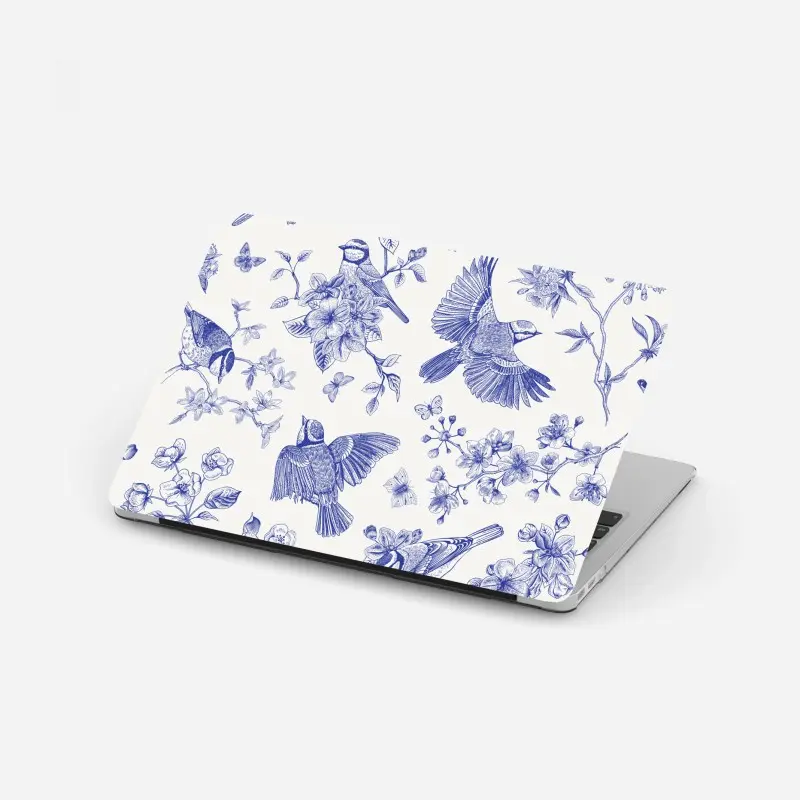 Laptop-Aufkleber blaues muster mit vögeln und blüten im vintage-stil