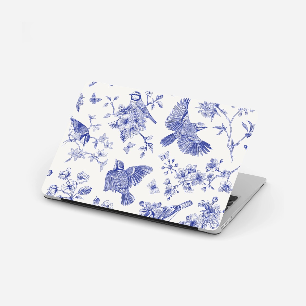 Laptop-Aufkleber blaues muster mit vögeln und blüten im vintage-stil – Pixers®
