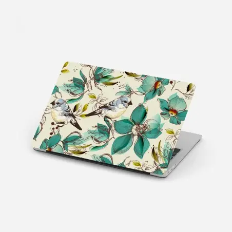 Laptop-Aufkleber retro türkis blumen- und vogelmuster – Pixers®