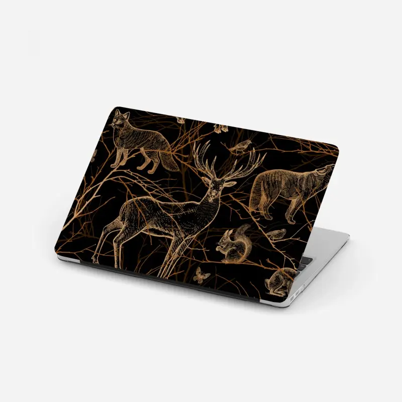 Laptop-Aufkleber goldene waldtiere auf schwarzem hintergrund