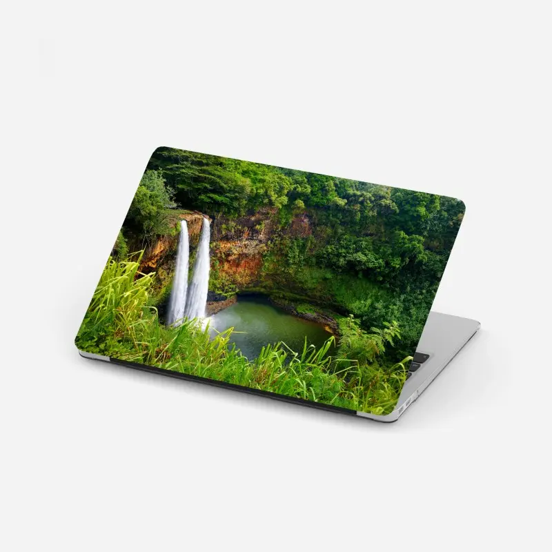 Laptop-Aufkleber doppelter wasserfall im üppig grünen wald