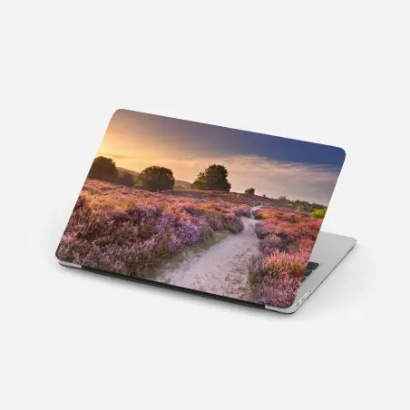 Laptop-Aufkleber Posbank bei sonnenaufgang über blühender heide – Pixers®