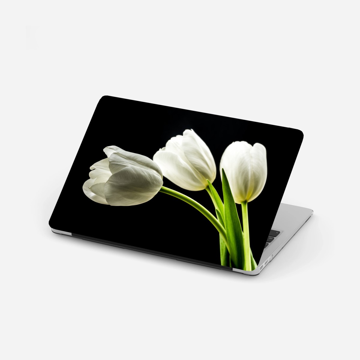 Laptop-Aufkleber elegante weiße tulpen vor schwarzem hintergrund – Pixers®