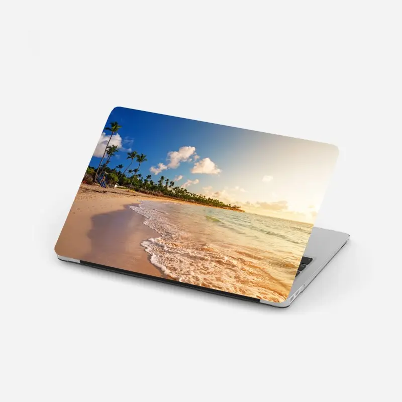 Laptop-Aufkleber tropischer sonnenuntergang am strand mit palmensilhouetten