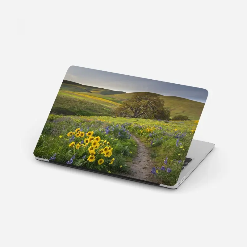 Laptop-Aufkleber pfad durch blumenwiese mit eichenbaum