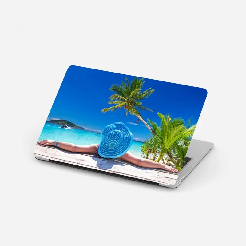 Laptop-Aufkleber tropischer strand mit blauem sonnenhut