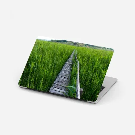Laptop-Aufkleber ruhiger grüner steg durch schilfland zur rustikalen hütte – Pixers®