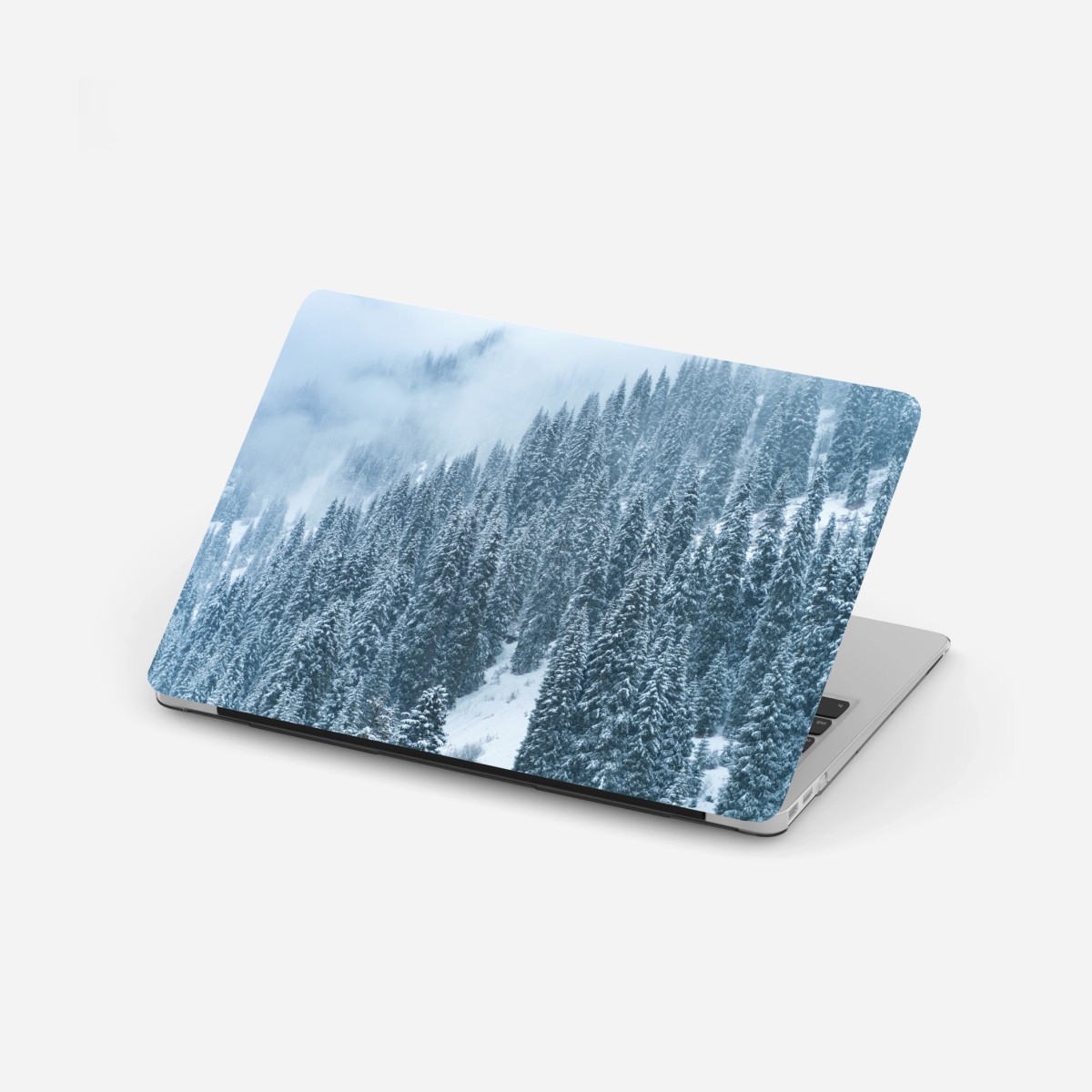 Laptop-Aufkleber nebeliger schneebedeckter kiefernwald – Pixers®