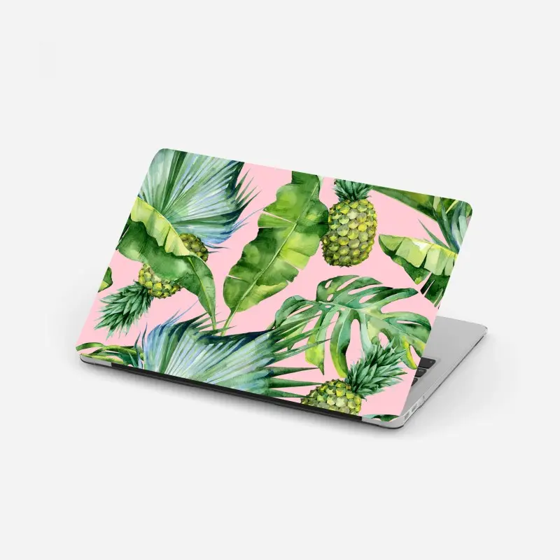 Laptop-Aufkleber tropisches ananas- und blattmuster in aquarell auf rosa hintergrund