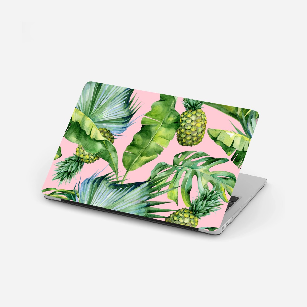 Laptop-Aufkleber tropisches ananas- und blattmuster in aquarell auf rosa hintergrund – Pixers®