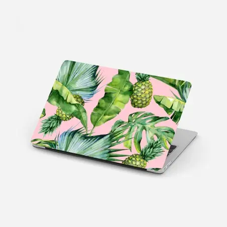 Laptop-Aufkleber tropisches ananas- und blattmuster in aquarell auf rosa hintergrund – Pixers®