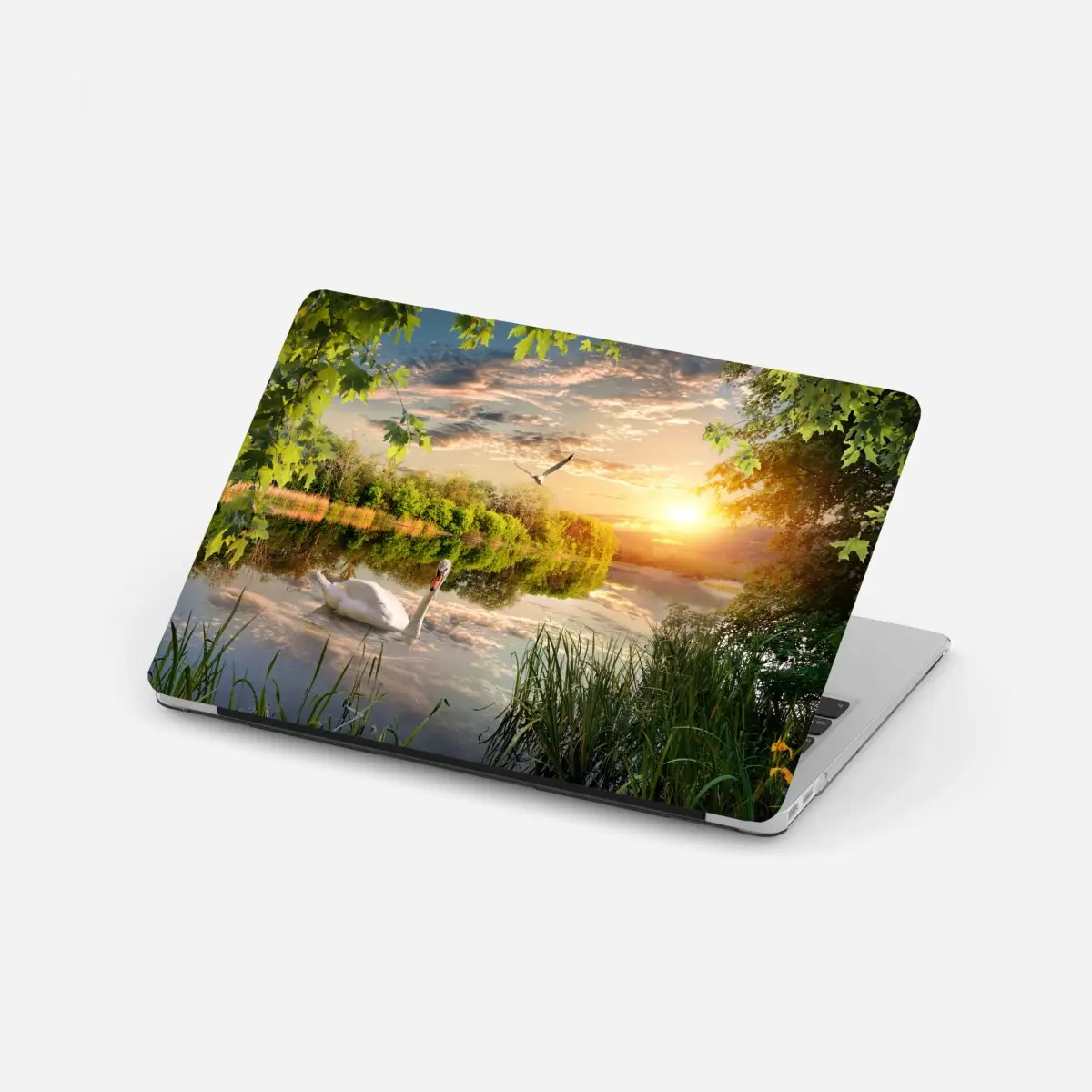 Laptop-Aufkleber sonnenuntergang mit schwan auf stillem see – Pixers®