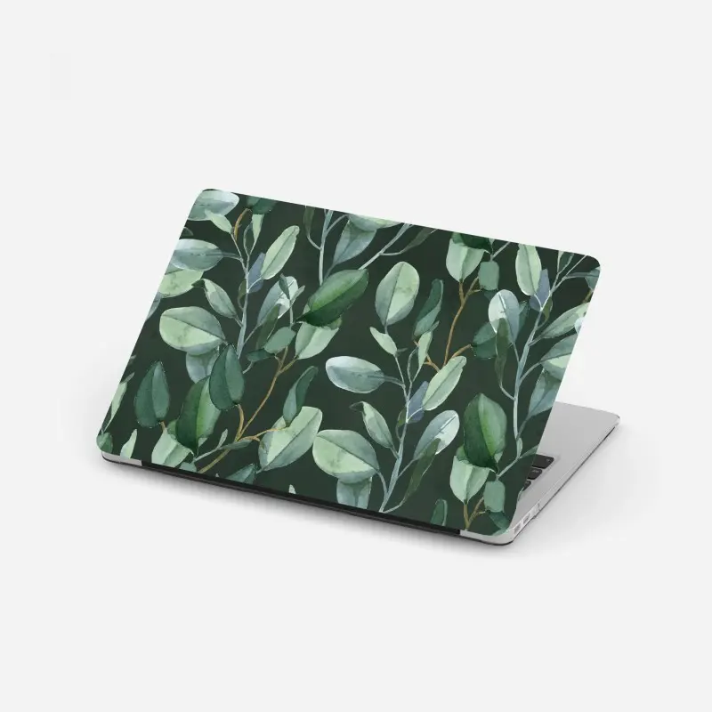 Laptop-Aufkleber aquarell eukalyptusblätter muster auf dunkelgrünem hintergrund