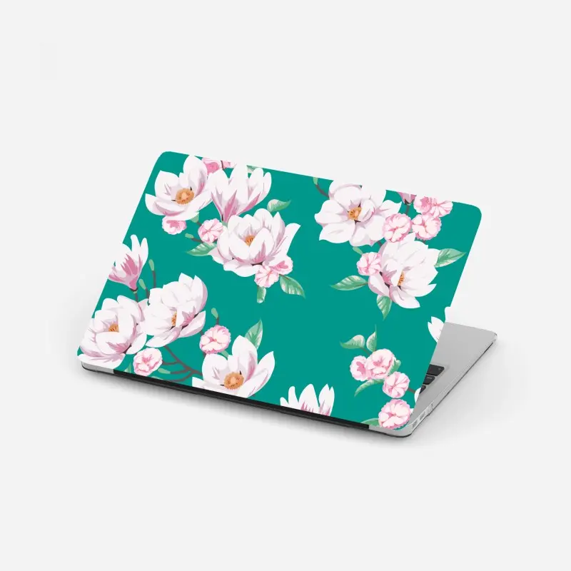 Laptop-Aufkleber pastell magnolienmuster auf türkisfarbenem hintergrund