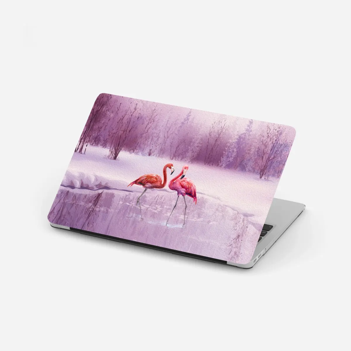 Laptop-Aufkleber pastell flamingos über winterlichem see – Pixers®