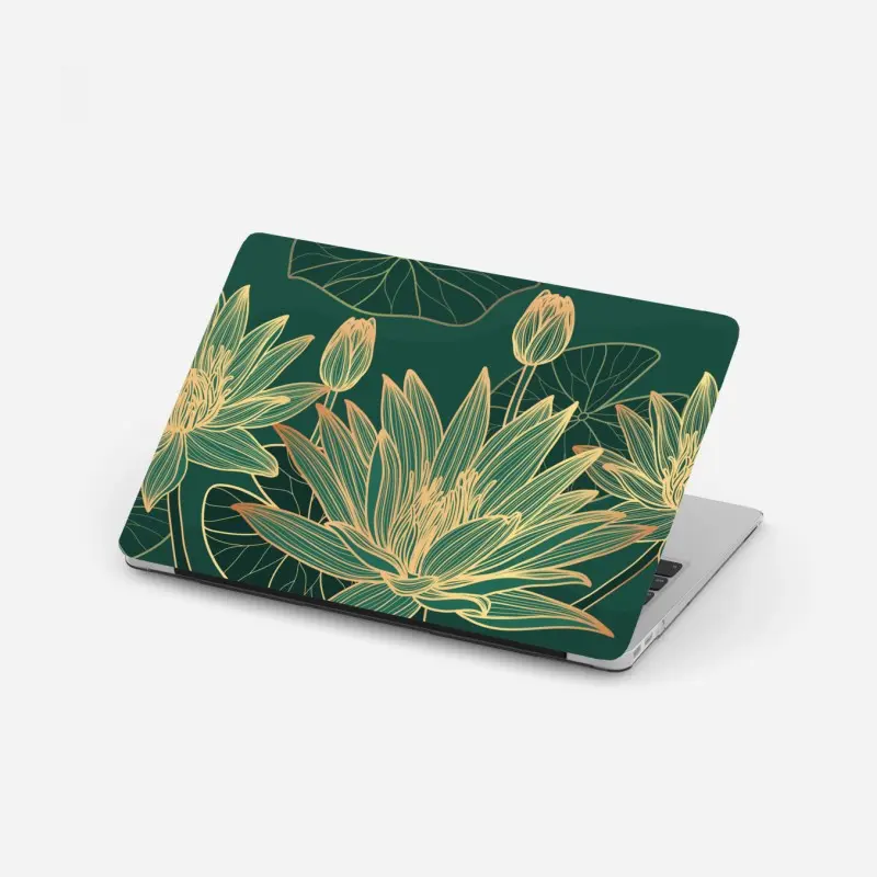 Laptop-Aufkleber goldene lotosblüten auf grünem hintergrund