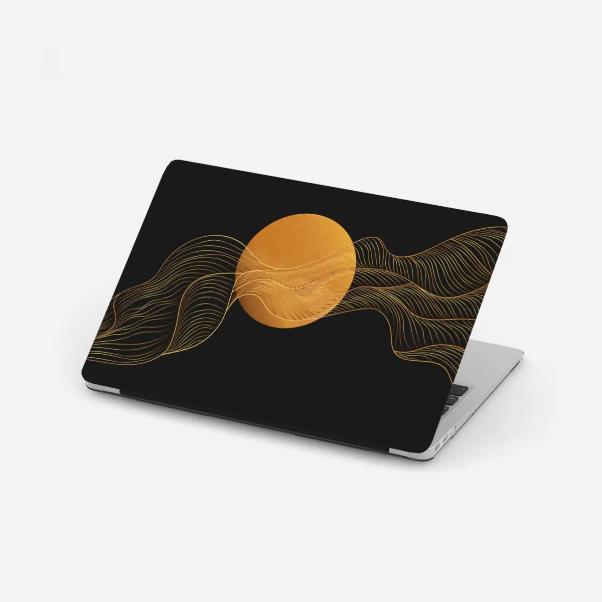 Laptop-Aufkleber goldene wellen auf schwarzem grund — abstrakte komposition – Pixers®