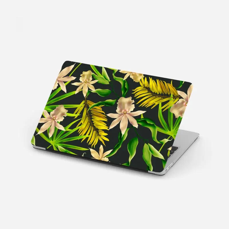 Laptop-Aufkleber tropisches orchideenmuster auf dunklem hintergrund