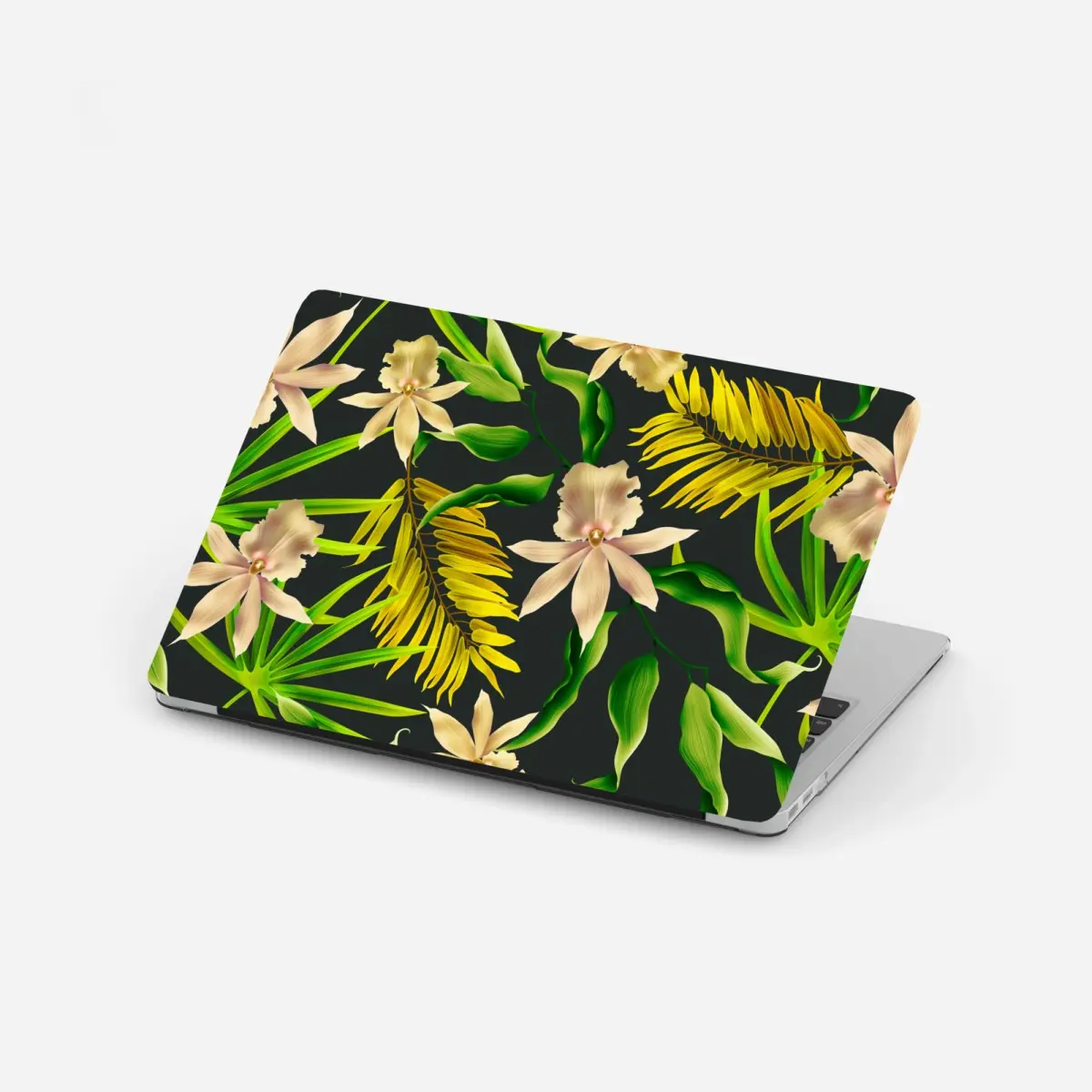 Laptop-Aufkleber tropisches orchideenmuster auf dunklem hintergrund – Pixers®