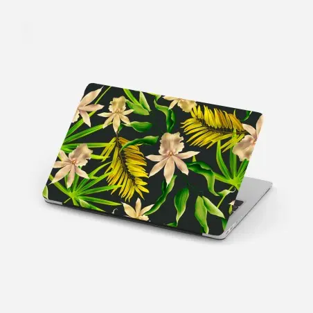 Laptop-Aufkleber tropisches orchideenmuster auf dunklem hintergrund – Pixers®