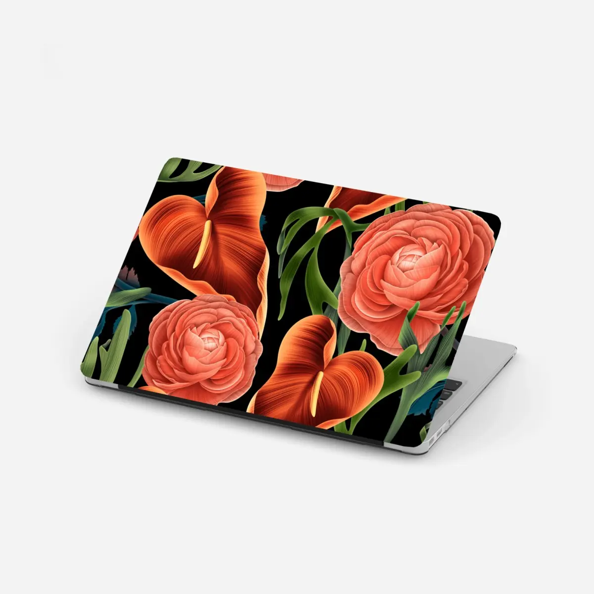Laptop-Aufkleber lebhaftes korallenblumenmuster auf schwarzem hintergrund – Pixers®