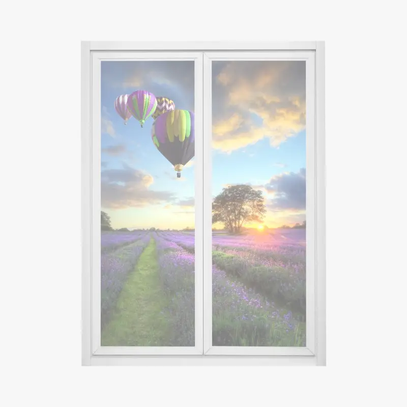 Fensteraufkleber lavendersonnenuntergang mit bunten heißluftballons