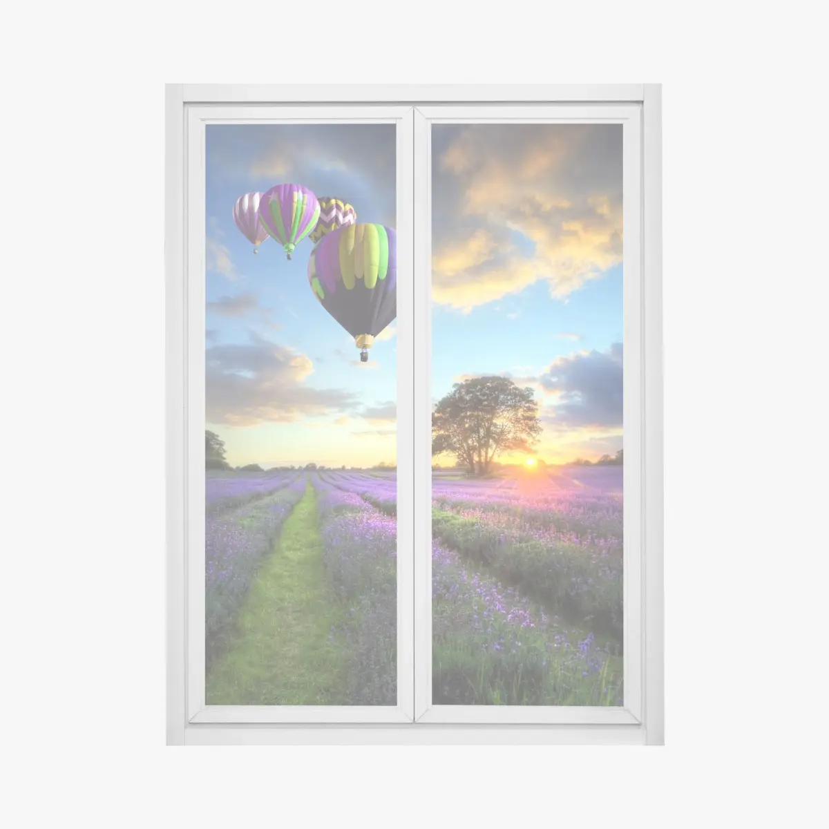 Fensteraufkleber lavendersonnenuntergang mit bunten heißluftballons – Pixers®