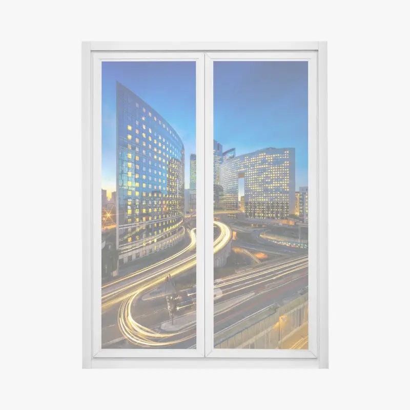 Fensteraufkleber moderne stadtsilhouette bei dämmerung