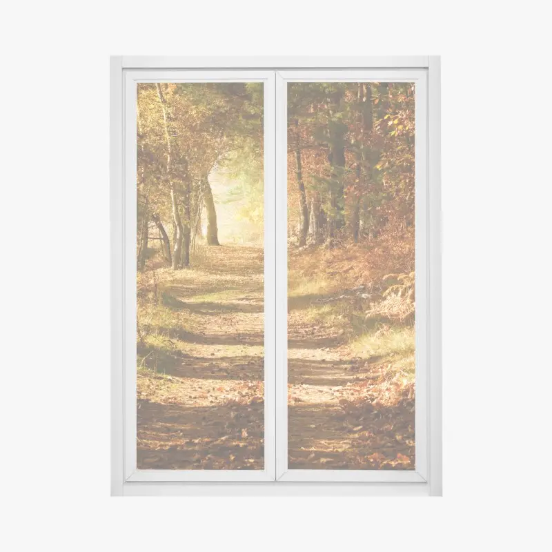 Fensteraufkleber herbstlicher waldweg mit goldenem licht