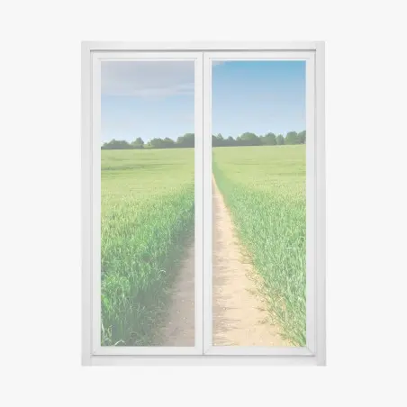 Fensteraufkleber sonnenbeschienener weg durch grüne wiese – Pixers®