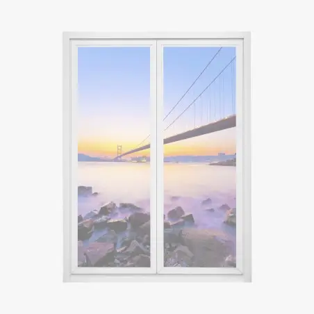 Fensteraufkleber goldener sonnenuntergang über hängebrücke – Pixers®