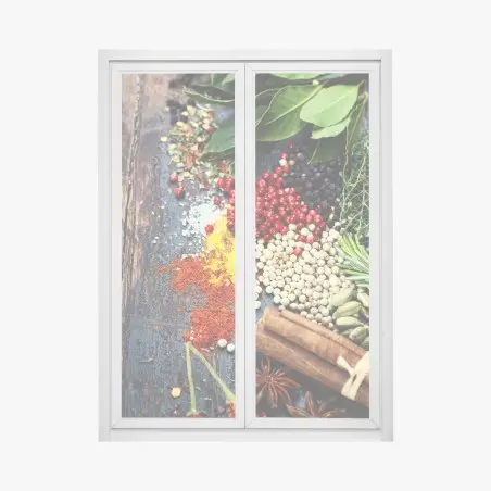 Fensteraufkleber buntes gewürzsortiment auf rustikalem holz – Pixers®